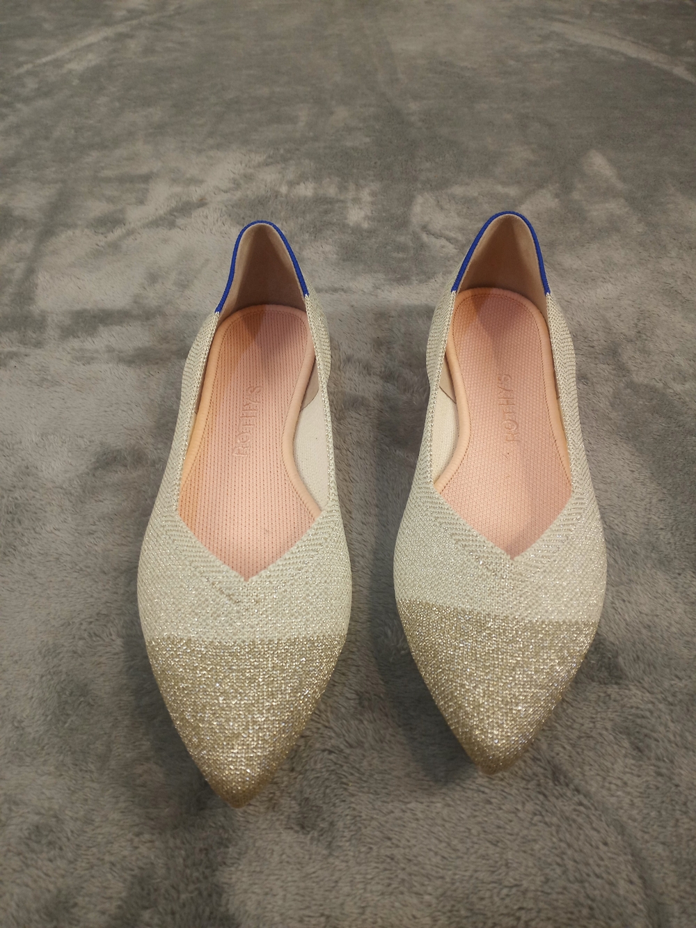 Rothy's Diamond Metallic Point Sparkle Pointed Toe Flat- Gold and Cream Size 7.5